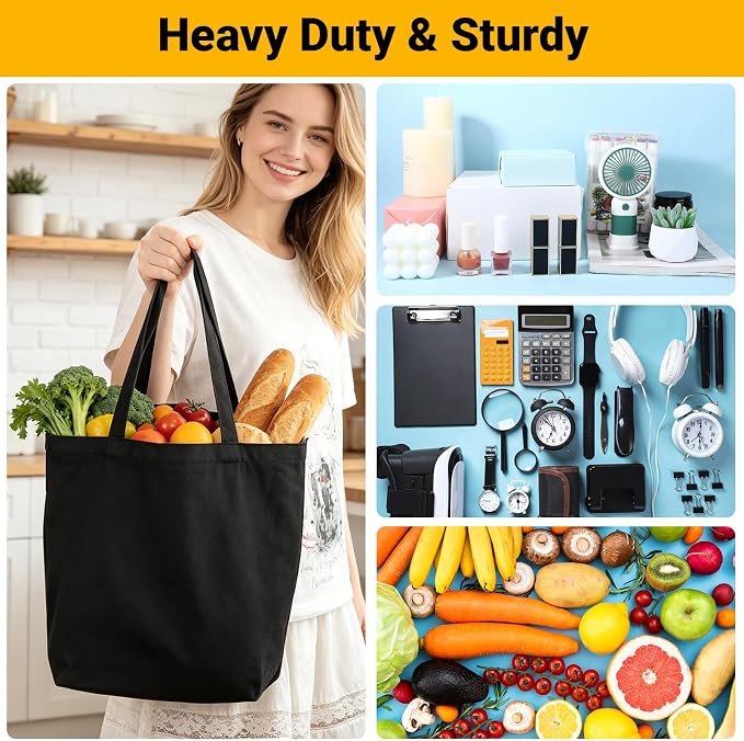 Segarty 6 Pcs 15x16x3.9in Reusable Totebags with Zipper & Shoulder Straps, Washable & Sturdy Grocery Tote Bags Foldable for Travel Beach Shopping, Blank Cloth Bags for Crafting Painting Embroidery DIY - Image 2