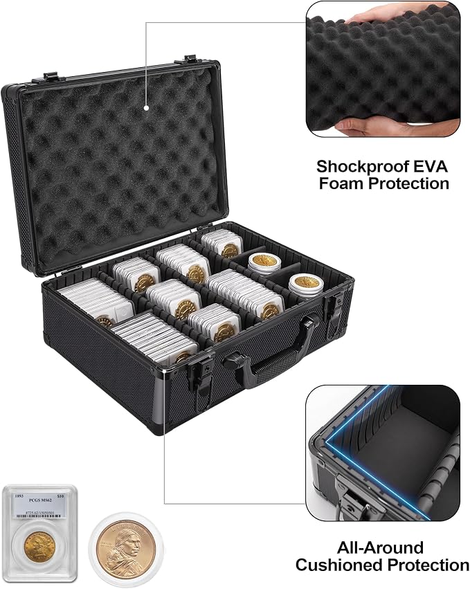 LOCKCURX Graded Coin Storage Box for NGC PCGS Slabs, 120 Capacity (Black) | Key Lock Secure Coin Collection Box with 6 Removable Dividers for Customizable Storage, Coin Cases for Collectors - Image 2