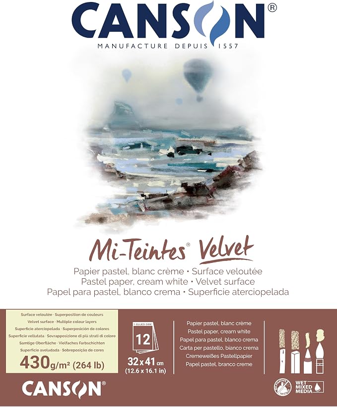 Canson Mi-Teintes Velvet Drawing Paper Pad, Cream White, Glue Binding, (260lb/430g), 12 Sheet, 12.6x16.1 inch, 1 Count by Unknown