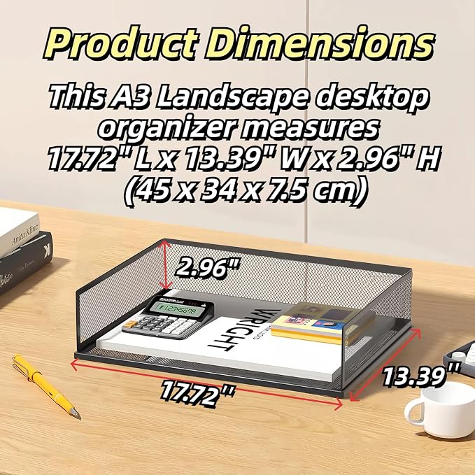 A3 Mesh Desk File Organizer, Stackable Paper Tray，Desktop Document Sorter, File Storage, 3/4/5-Tier Paper Letter Tray Organizer, Desk Accessories & Workspace, Black (4 Tier-Landscape-White) - Image 2