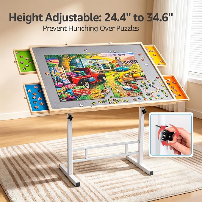 Fanwer Adjustable Puzzle Table with Drawers & Wooden Cover, 1500 Pieces | 35 x 26 in Jigsaw Board with Legs, 24.4-34.6 in Height, Tilting, 4 Drawers for Home Sorting and Storage - Image 4