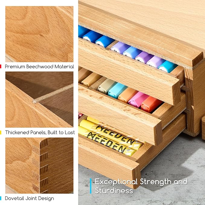 MEEDEN Artist Storage Supply Box: 3-Tier Solid Beech Wood for Artist Supplies with Removable Dividers - Tool Storage Organizer Case for Brushes, Pastels, Pencils, Erasers - Image 6