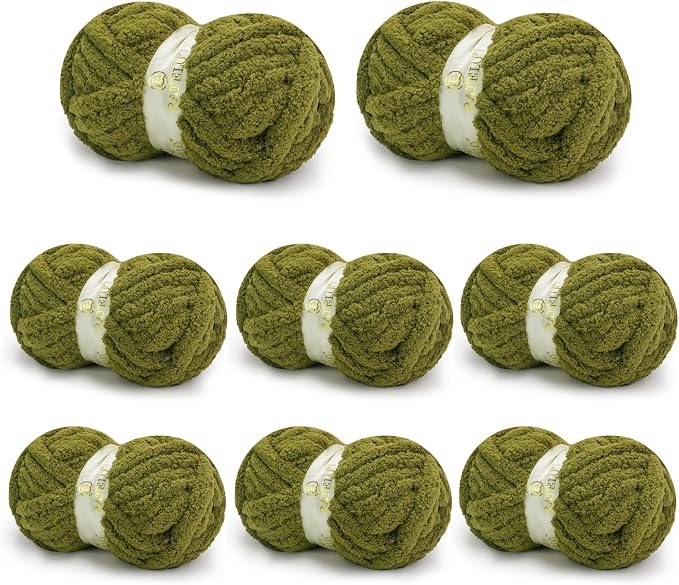 Chunky Yarn for Hand Knitting, Chunky Chenille Blanket Yarn for Crocheting, Bulky Soft Fluffy Chenille for Blanket Project, 8 Pack of 8oz/25yds, Olive Green by BATELO