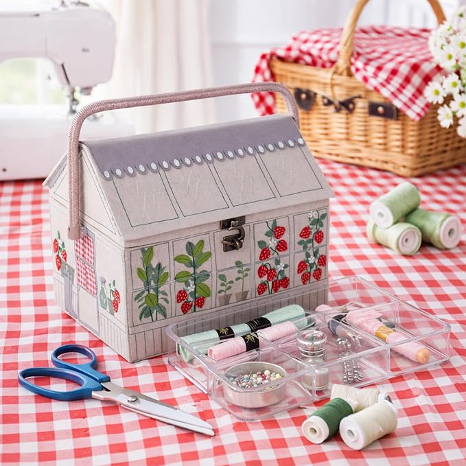 Hobby Gift Strawberry Greenhouse Sewing Box | Craft Storage Basket, Handle, Internal Accessories Tray, For Sewing Knitting and Hobby Supplies - Image 9