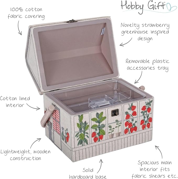 Hobby Gift Strawberry Greenhouse Sewing Box | Craft Storage Basket, Handle, Internal Accessories Tray, For Sewing Knitting and Hobby Supplies - Image 5