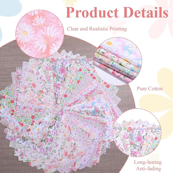 48 Pcs 10 x 10 Inches Pink Floral Cotton Fabric Bundles, Precut Pink Retro Floral Fabric Squares, Spring Quilting Patchwork, Flower Leaves Sewing Fabrics, Assorted Pattern Cloth for DIY Craft Handmade - Image 6