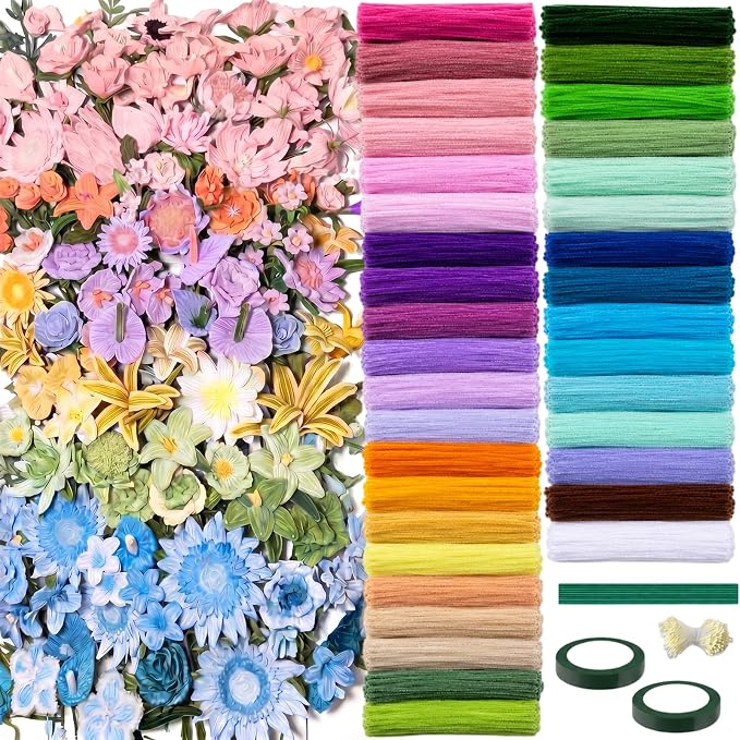 Peryiter 3600 Pcs 12 Inch Craft Pipe Cleaners Fluffy Chenille Stems Bulk with 50 Flower Stems 4 Tape and 350 Stamens for DIY Art Projects Creative Gift Wrapping Party Decorations (Macaron Color) by Peryiter