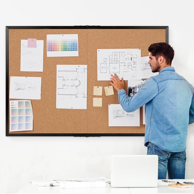 Extra Large Cork Bulletin Board 60" X 48", Foldable Notice Pin Board for Wall, Black Wood Framed 5'x4' Corkboard, Wall Mounted Noticeboard with 32 Push Pins for School, Home & Office - Image 2