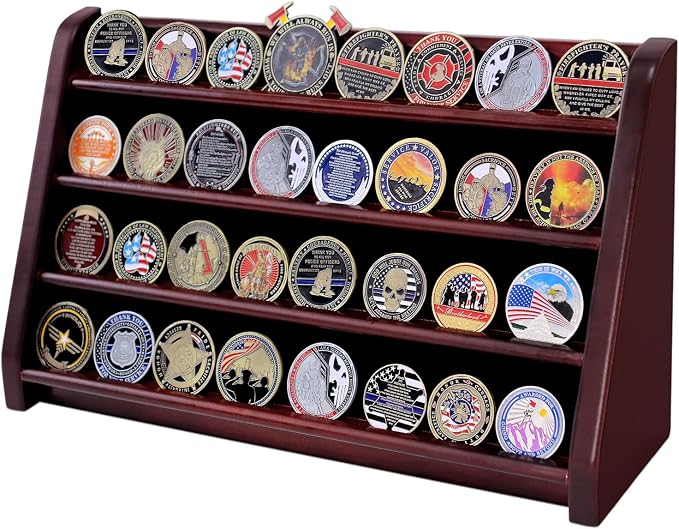 Challenge Coin Display Case, 4 Row Solid Wood Military Coin Holder Rack Stand Holds 30 Coins for Desk or Wall Mount, Coin Holders for Collectors (Mahogany Finish) by DecoWoodo