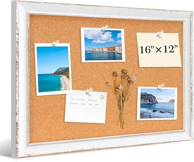 DOLLAR BOSS Distressed White Cork Board, 16"x12" Bulletin Board | Hand-Finished Rustic Frame, Vintage Farmhouse Pin Board, For Office & Home Decor, Includes Pins & Hanging Hardware by DOLLARBOSS