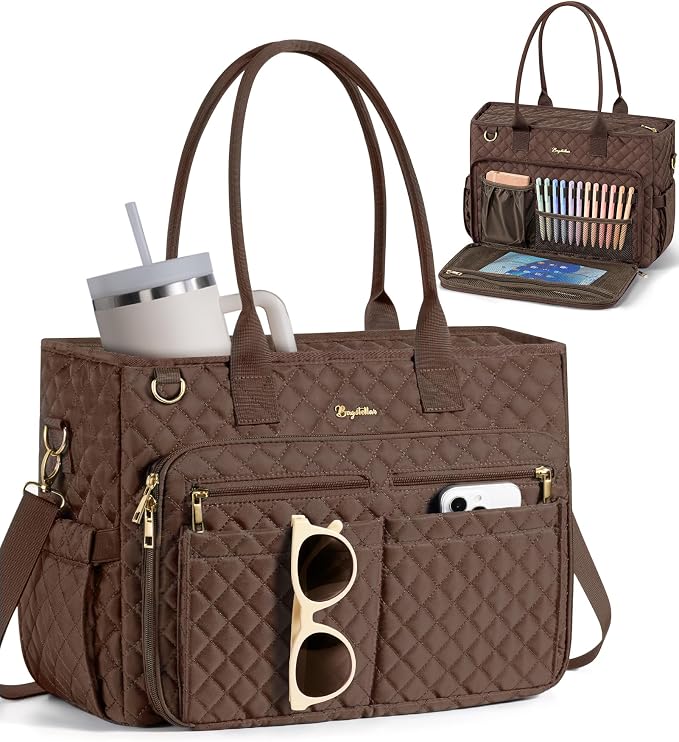 Bagstellar Teacher Tote Bag for Women, 15.6" Laptop Work Tote Computer Bag | Quilted Bible Nurse Bag with 40oz Cup Holder, Insulated Pocket & Strap, Large Laptop Briefcase for School Travel Office Gifts by Bagstellar