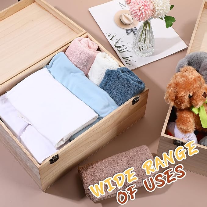 Wesiti 2 Pcs Unfinished Wooden Box 14 x 10 x 6.5 Inch Treasure Chest Craft Box with Hinged Lid Rustic Large Paint Box Stash Crate for Storage Carving DIY Gift - Image 5