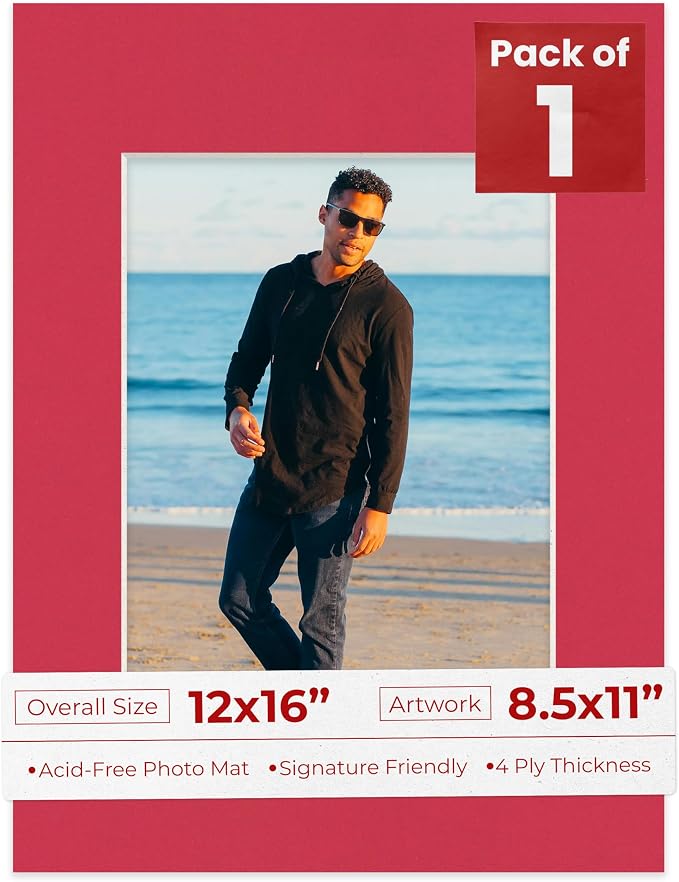 8.5x11 Mat for 12x16 Frame - Precut Mat Board Acid-Free Deep Red 8.5x11 Photo Matte For a 12x16 Picture Frame, Premium Matboard for Family Photos, Show Kits, Art, Picture Framing, Pack of 1 Mat by PosterPalooza