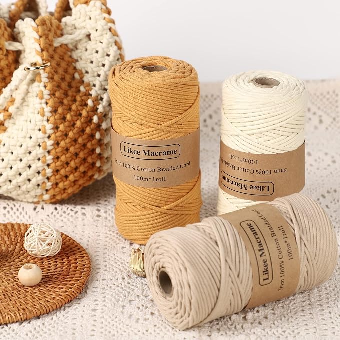 Likeecords 2 Skeins Braided Macrame Cotton Cord 3mm x 100m, 100% Cotton Rope String for Bag, Wall Hanging, Plant Hangers, Crafts, Knitting (Blue) - Image 4