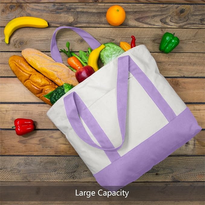 TOPDesign 6-Pack Canvas Tote Bags with an External Pocket, Reusable Grocery Shopping Bags, Top Zipper Closure, Daily Essentials (Lavender/Natural) - Image 4