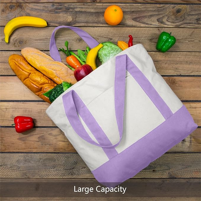 TOPDesign 6-Pack Canvas Tote Bags with an External Pocket, Reusable Grocery Shopping Bags, Top Zipper Closure, Daily Essentials (Lavender/Natural) - Image 4
