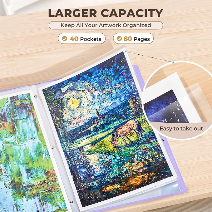 JoyCat 11 x 17 Art Portfolio Binder, 40 Pockets Display 80 Pages, Purple | Acid free 40 pocket portfolio displays up to 80 pages and stores artwork, drawings, and presentations up to 11 x 17 in - Image 3