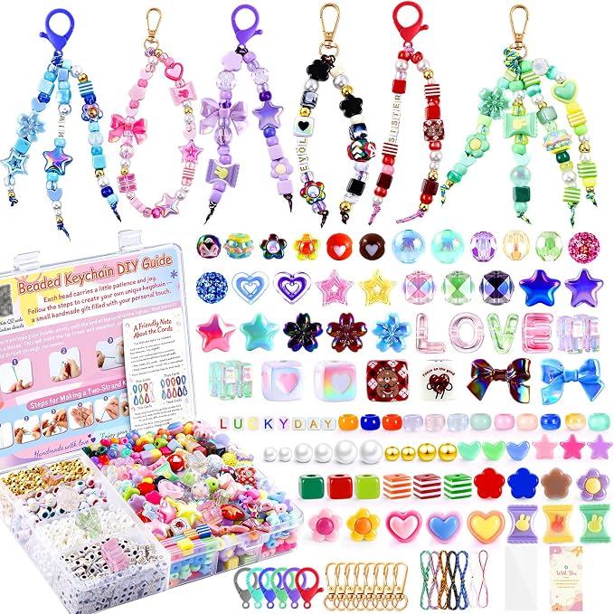 TOHONGADON 1227 PCS Beaded Keychain Making Kit for Women,DIY Bag Charm Kits | With Assorted Acrylic Star Heart Flower Letter Beads, Manual, Cords,Colorful Bead Keychain Kit, Great for Gift Party,Activity by TOHONGADON