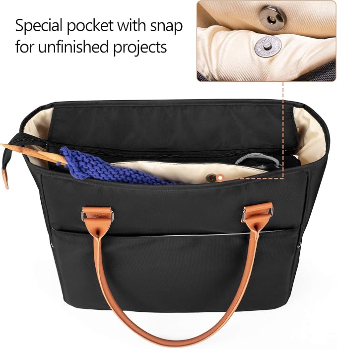 Yarwo Large Knitting Tote Bag with Crochet Hook & Needles Organizer Pockets | Yarn Storage Bag for WIP Projects, 14” Knitting Needles, Yarn Skeins, 4 Yarn Holes, Christmas & New Beginning Gifts for Women - Image 2