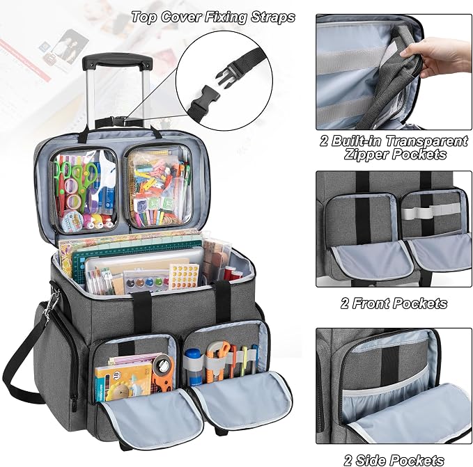 Rolling Scrapbook Bag, Craft Tote with Wheels for Paper, Ablum, Gray | Crafts Supplies Tote with Wheels, with 2 detachable zipper pouches, Removable Bottom Board, Shoulder Straps, Large Capacity - Image 3