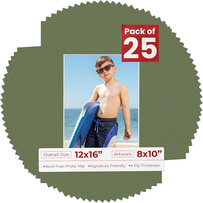 Dill Green 8x10 Photo Matte - Precut Mat Board Acid-Free Show Kit with Backing Board, Clear Bags - Made to Fit 12x16 Picture Frame Matboard, Pack of 25 by PosterPalooza