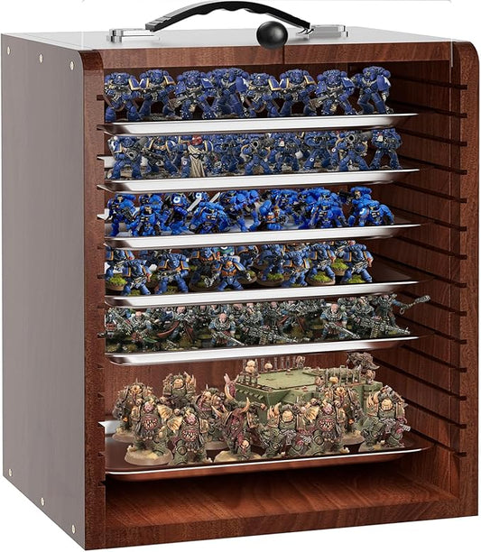 Miniature Storage Case for Collectibles Miniatures, Wooden Display Cases with 6 Trays, Miniature Display Case Miniatures Transport Case (Reddish Brown)