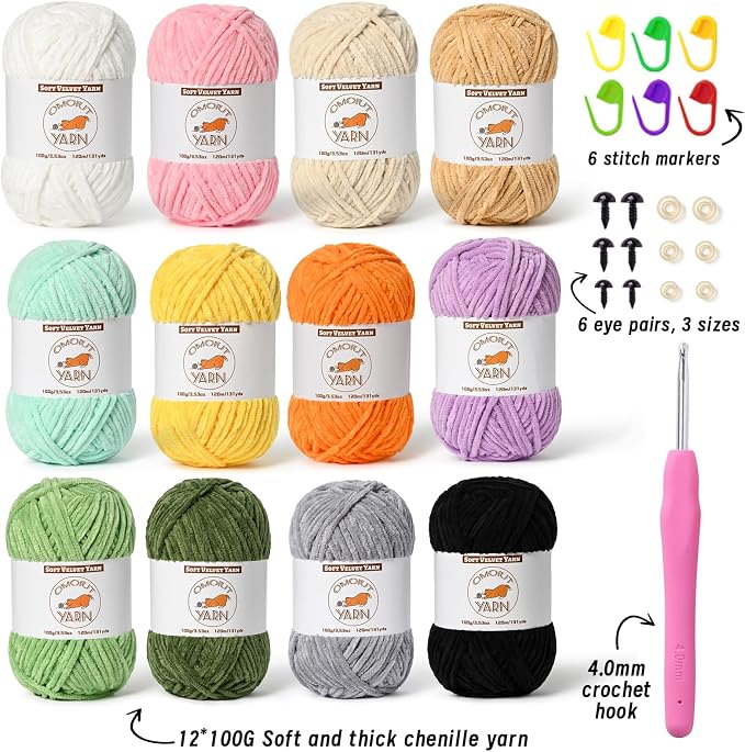 12 Skeins Fluffy Chenille Yarn for Crocheting, Soft Bulky Velvet Yarn for Knitting, Plush Baby Blanket Crochet Yarn, 1572 Yards Multicolor Amigurumi Yarn for Crafts Set C - Image 2