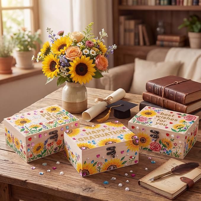 Fiwochic 6 Sets 2027 Senior Boxes Unfinished Wooden Boxes for Graduation Crafts DIY Graduation Memory Keepsake Box 6.7"x5.1"x3.1" with Paints Brushes Gem Letter & Number Decals for Class of 2027 Gifts - Image 2