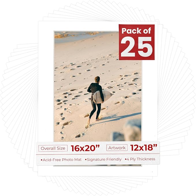 12x18 Mat for 16x20 Frame - Precut Mat Board Acid-Free White 12x18 Photo Matte Made to Fit a 16x20 Picture Frame, Premium Matboard for Family Photos, Show Kits, Art, Picture Framing, Pack of 25 Mats by PosterPalooza
