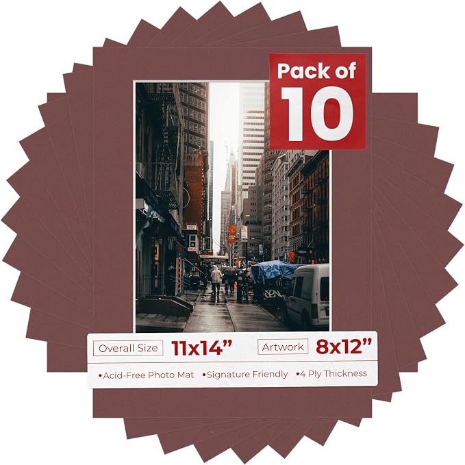 8x12 Mat for 11x14 Frame - Precut Mat Board Acid-Free Show Kit with Backing Board, and Clear Bags Maroon 8x12 Photo Matte Made to Fit a 11x14 Picture Frame Matboard for Framing, Pack of 10 Mats by PosterPalooza