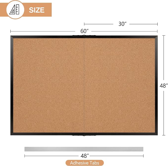 Extra Large Cork Bulletin Board 60" X 48", Foldable Notice Pin Board for Wall, Black Wood Framed 5'x4' Corkboard, Wall Mounted Noticeboard with 32 Push Pins for School, Home & Office - Image 3