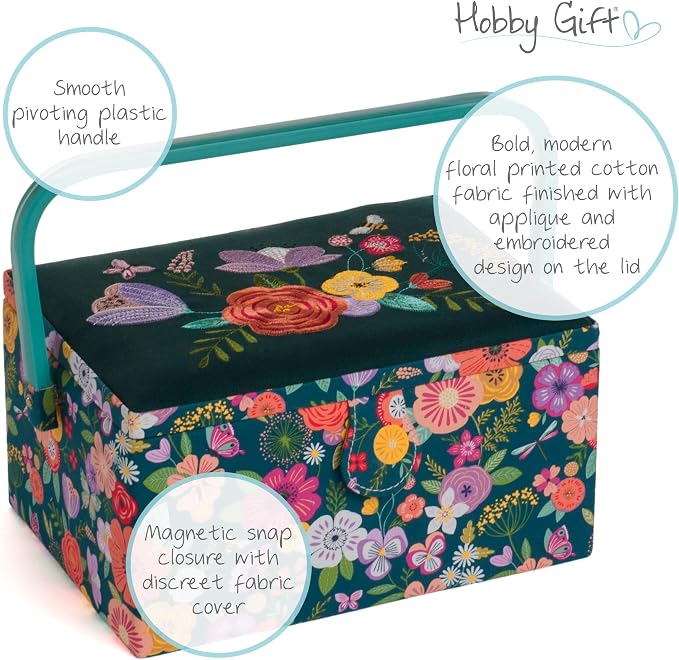 Hobby Gift Medium Sewing Box Organiser, Fabric Covered Storage Box with Handle, Internal Tray, Pin Cushion and Pocket for Sewing, Quilting and Knitting Supplies - Image 4