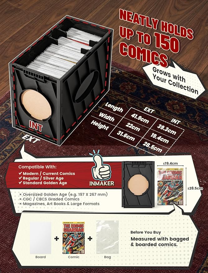 INMAKER Comic Book Storage Box, Holds Up to 150 Comics (Matte Black) | 1PC, Acid Free Plastic Book Bin with 2 Adjustable Dividers - Image 4