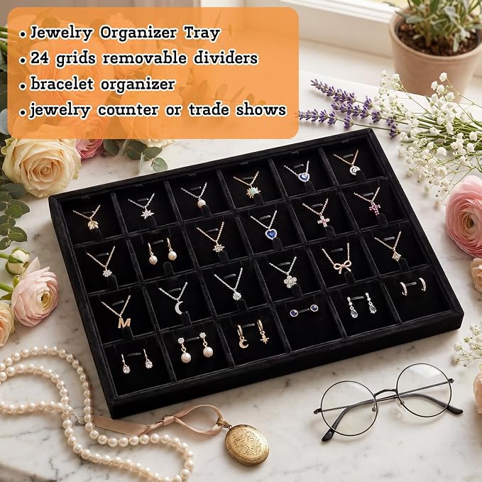 2 Pcs 24 Grid Stackable Jewelry Organizer Tray with Removable Dividers Ice Velvet Jewelry Display Showcase Tray for Necklace Earring Ring Bracelet Holder (Black Velvet) - Image 7