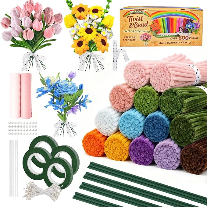 Zeniith-Living 800-Piece Pipe Cleaner Flower Kit, 12 Vibrant Colors | All-in-One Flower Craft kit, Step-by-Step Video Tutorial, Soft Bendable Stems, for Holidays, Gift and DIY Friendly by ZeniithLiving