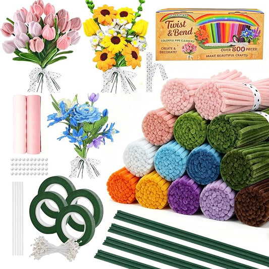 Zeniith-Living 800-Piece Pipe Cleaner Flower Kit, 12 Vibrant Colors | All-in-One Flower Craft kit, Step-by-Step Video Tutorial, Soft Bendable Stems, for Holidays, Gift and DIY Friendly by ZeniithLiving