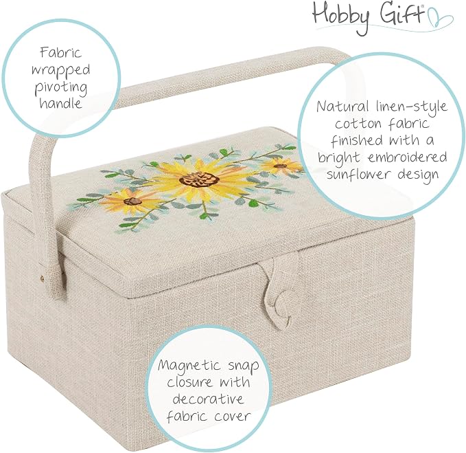 Hobby Gift Medium Sewing Box Organiser | Fabric Covered Storage Box, Handle, Internal Tray, Pin Cushion and Pocket, For Sewing, Quilting and Knitting Supplies - Image 4