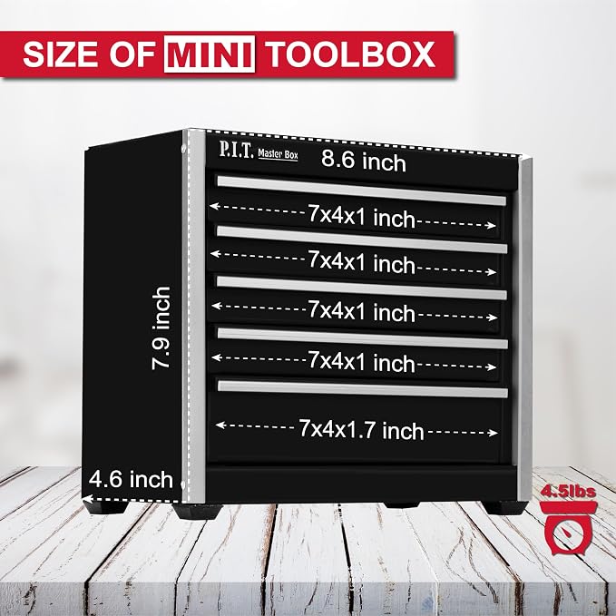P.I.T. Mini Tool Box,Small Metal Toolbox Organizer with 5 Drawers,Black | 8.6"W X 4.6"D Cute Size,Q235 Steel,Magnetic Locking Mechanism,PVC Drawer Liners - Image 2