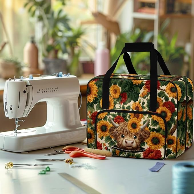 Highland Cow Carrying Travel Storage Sunflower Sewing Machine Bag Case with 4 Bottom Rubber Pads Portable Carrying Totes Easy to Clean Sewing Machine Storage Bag - Image 4
