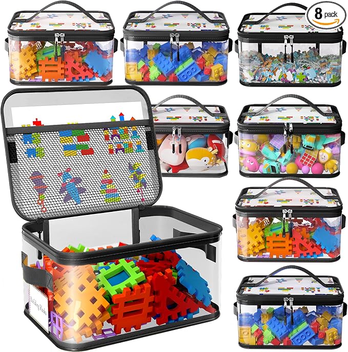 8 Pcs Large Clear Toy Storage Bags with Labels, Handles, Zippers XXL | Large Capacity, Transparent PVC, Waterproof Dustproof, Space-saving, Portability for Building Blocks, Puzzle, Dolls, Travel by Shcsdr