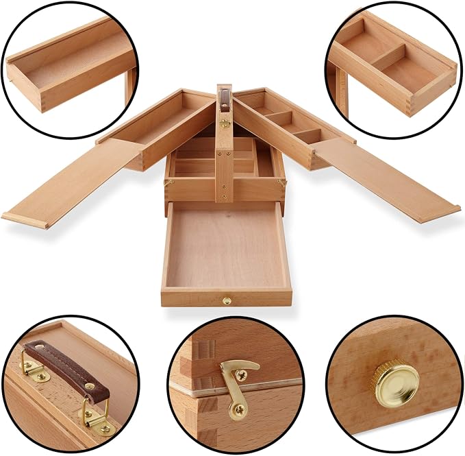 7 Elements Wooden Multi-Function Artist Tool and Brush Storage Box - Beechwood Art Supply Organizer with Drawers - Image 3