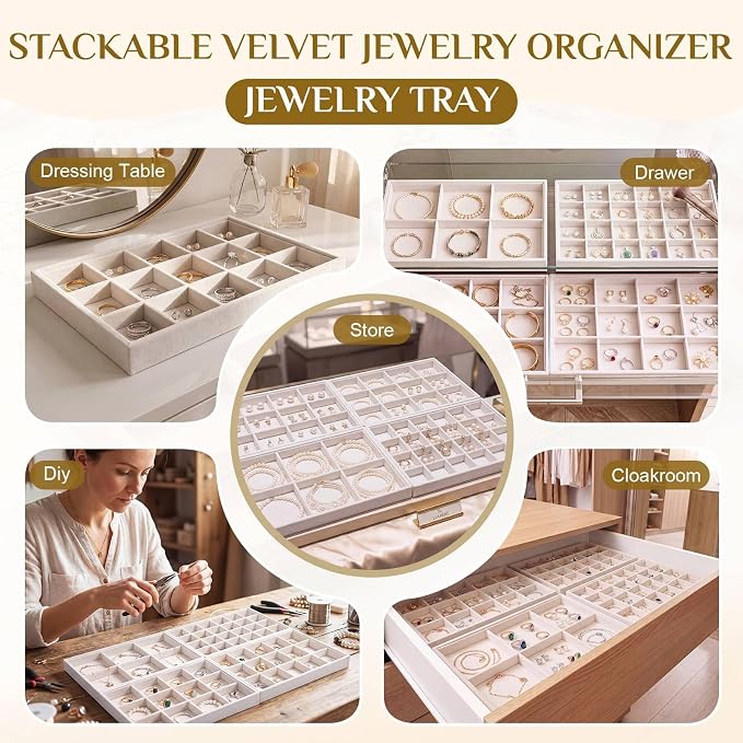 Unittype Set of 4 Stackable Jewelry Organizer Tray for Drawer Inserts Velvet Necklace Earring Bracelet Ring Holder Jewelry Display Storage Box for Bangle Stud Necklace Ring(6/12/15/24 Grid,Beige) - Image 5