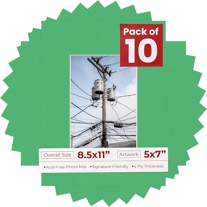 5x7 Mat for 8.5x11 Frame - Precut Mat Board Acid-Free Show Kit with Backing Board, and Clear Bags Bright Green 5x7 Photo Matte Made to Fit a 8.5x11 Picture Frame Matboard for Framing, Pack of 10 Mats by PosterPalooza