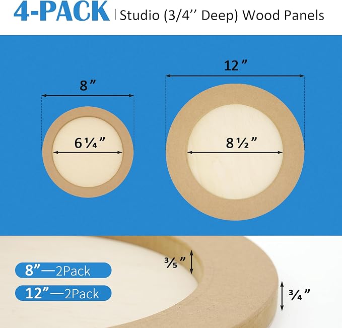 4 Pack 8'' &12'' Unfinished Round Birch Wood Panels | Studio 3/4’’ Deep Wood Canvas, Cradle Boards for Painting, Pouring, Burning, Crafts, Epoxy Resin, Laser Engraving Cutting - Image 2