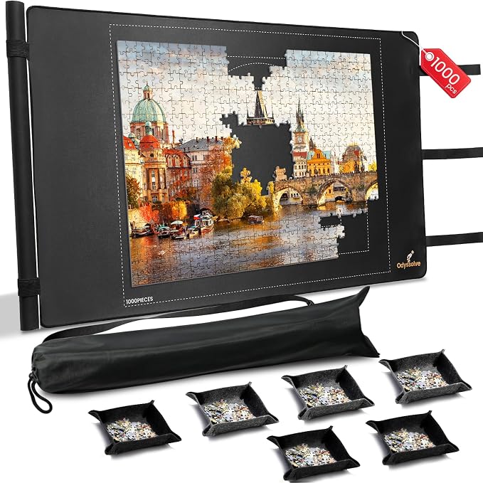 Puzzle Roll Up Mat, All-in-One Jigsaw Puzzle Mat with 6 Sorting Trays – 39.4” x 23.6” Non-Slip Rubber Back & Smooth Surface, Portable Puzzle Mat for 1000 Pieces, Puzzle Accessories Gift for Adults by Odyssolve