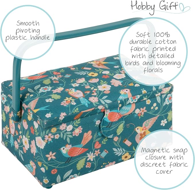 Hobby Gift Medium Sewing Box Organiser, Fabric Covered Storage Box with Handle, Internal Tray, Pin Cushion and Pocket for Sewing, Quilting and Knitting Supplies - Image 4