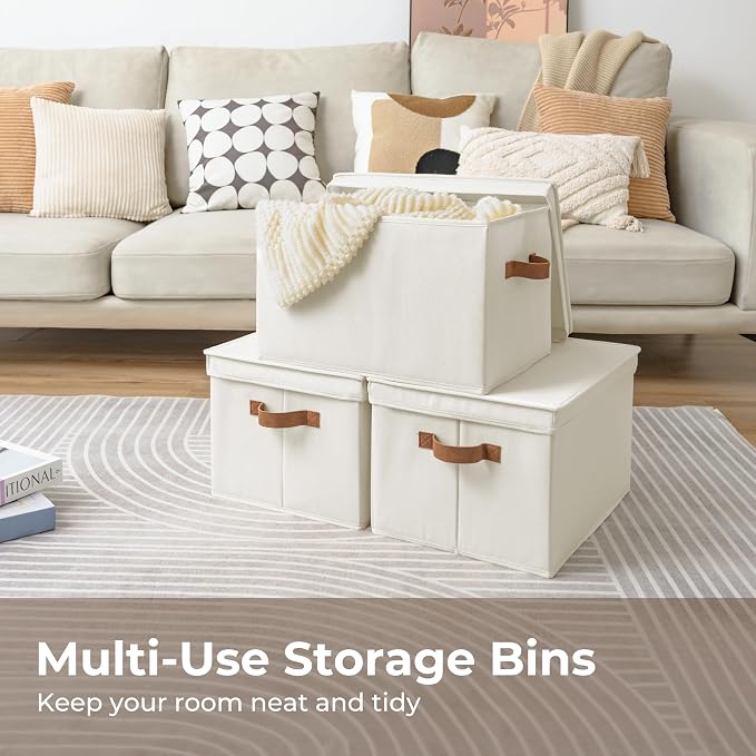 StorageWorks Storage Bins with Lids, Decorative Storage Boxes with Lid and PU Handles, Foldable Storage Baskets for Closet, Shelves, Stackable, Ivory, Jumbo, 3-Pack | Lidded Dust-proof, Easy Pull Handles, Foldable, Stackable, Ideal for Clothes Blanket ... - Image 8