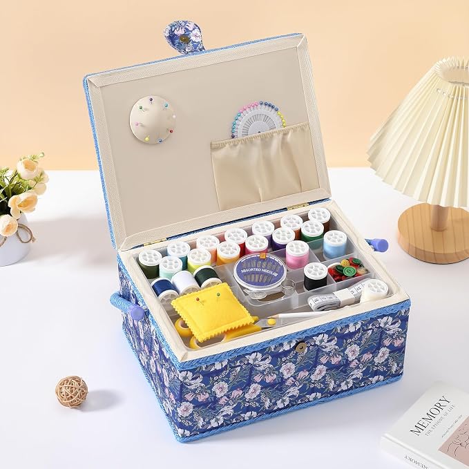 Sewing Basket with Sewing Supplies, Large Sewing Box for Accessories Storage, Blue White Flower Pattern - Image 4