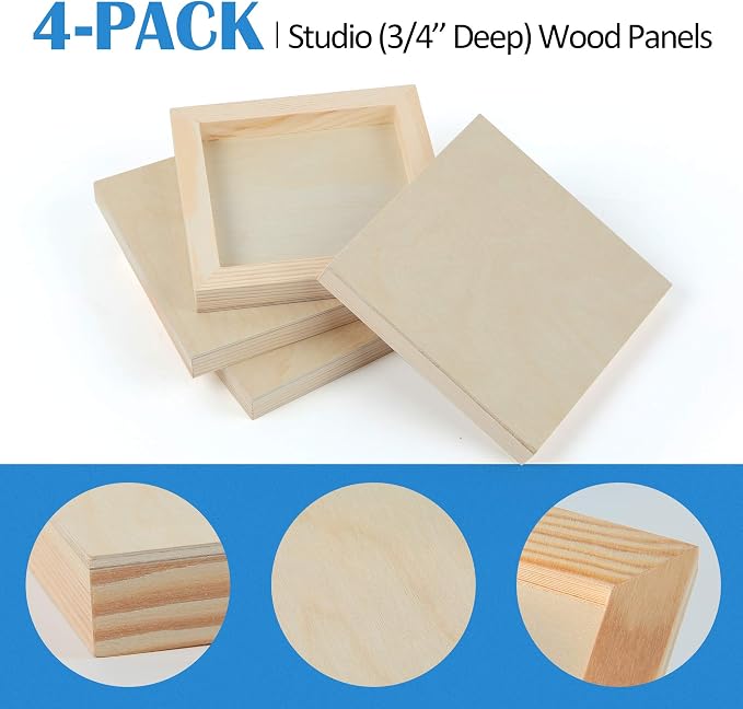 4 Pack 6x6’’ Unfinished Birch Wood Panels Kit for Painting | Studio 3/4’’ Deep Wooden Canvas, Cradle Boards for Acrylic Pouring, Art, Crafts, Epoxy Resin, Laser Engraving Cutting - Image 5