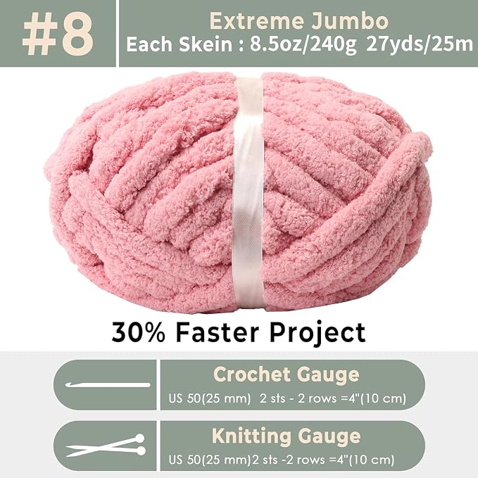 Chunky Chenille Yarn for Hand Knitting 8 Jumbo Pack Chunky Yarn for Hand Soft Blanket Knitting, Bulky Thick Fluffy Yarn for Crocheting (Leather Pink) - Image 2